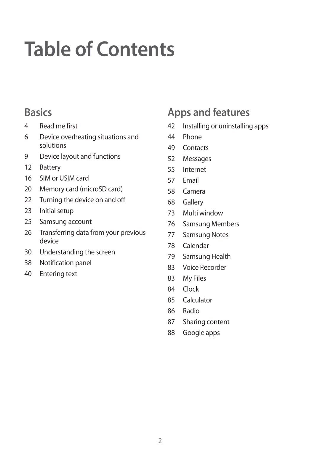 Samsung SM-J250FZSDKSA, SM-J250FZKDKSA, SM-J250FZDDKSA, SM-J250FZDDXXV, SM-J250FZKDXXV, SM-J250FZSDXXV manual Table of Contents 