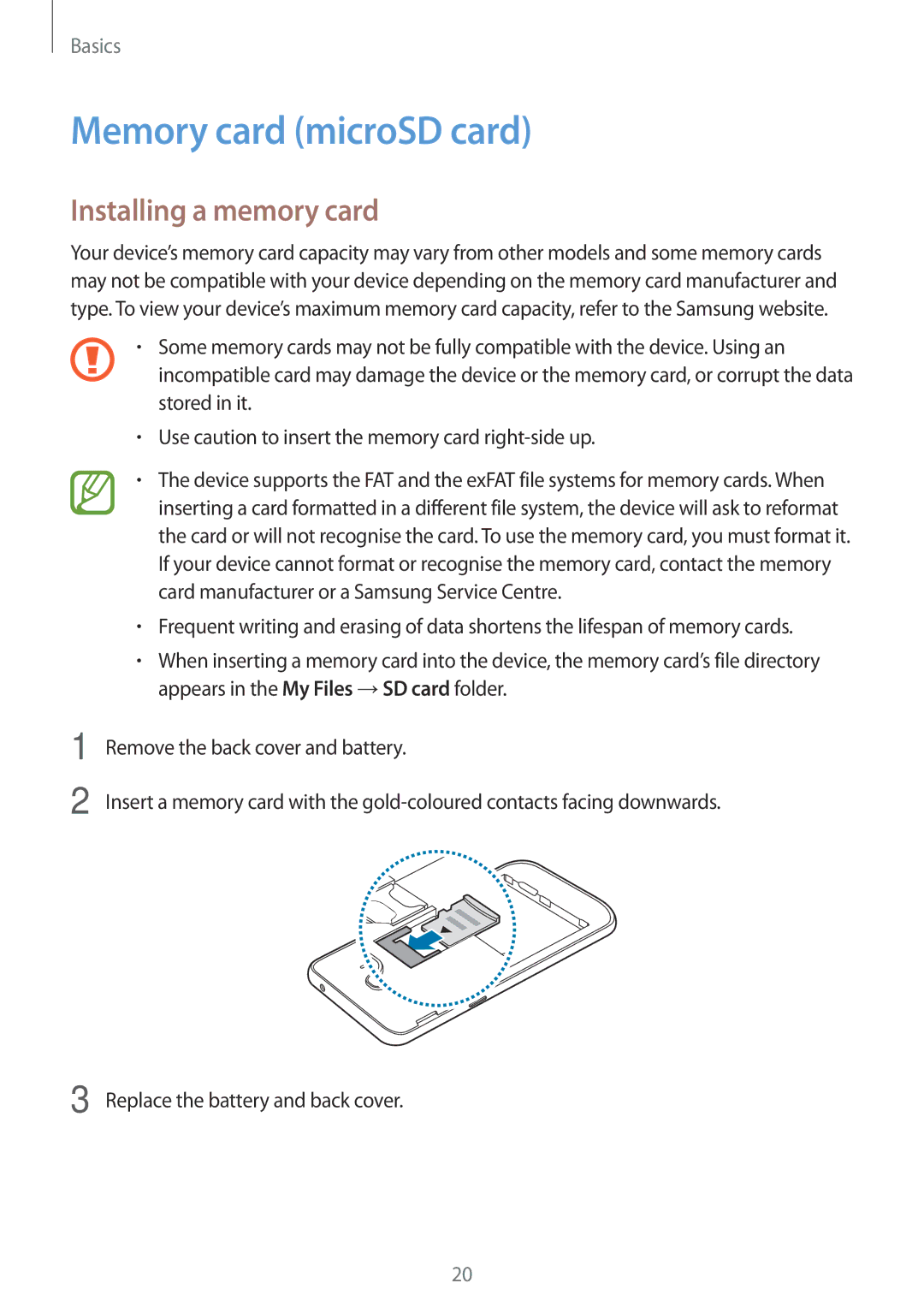 Samsung SM-J250FZSDKSA, SM-J250FZKDKSA, SM-J250FZDDKSA, SM-J250FZDDXXV Memory card microSD card, Installing a memory card 