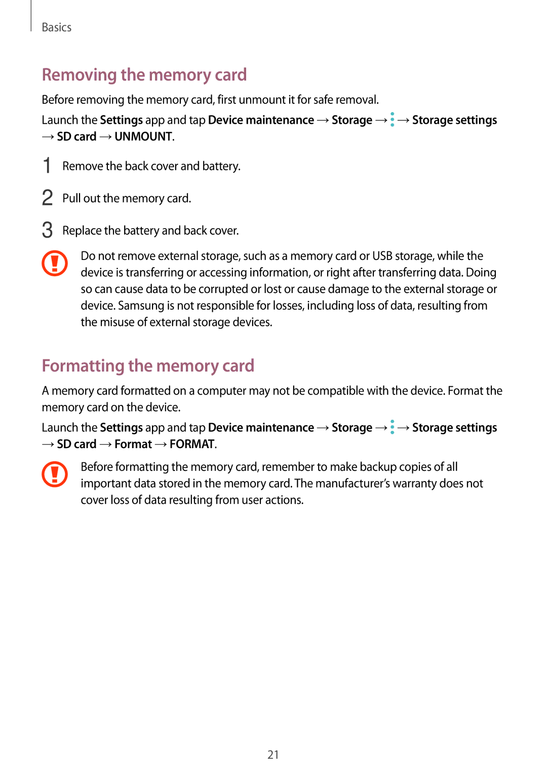 Samsung SM-J250FZDDXXV Removing the memory card, Formatting the memory card, → SD card →UNMOUNT, → SD card →Format →FORMAT 