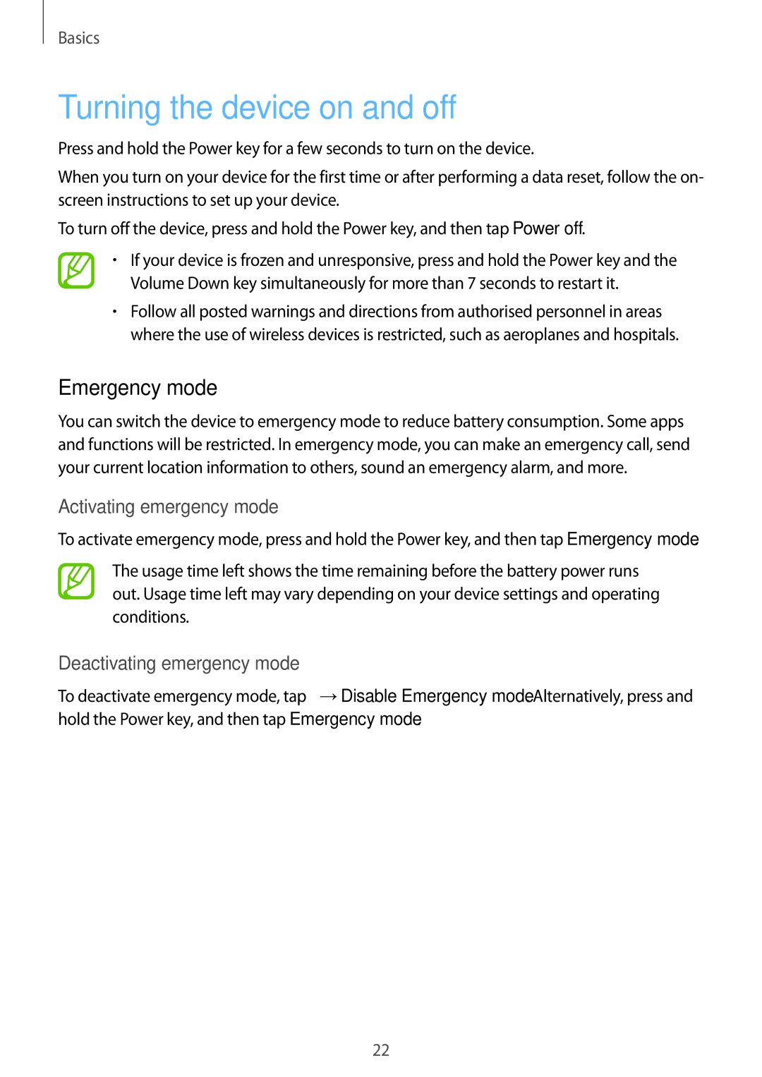 Samsung SM-J250FZKDXXV, SM-J250FZKDKSA, SM-J250FZDDKSA, SM-J250FZSDKSA manual Turning the device on and off, Emergency mode 