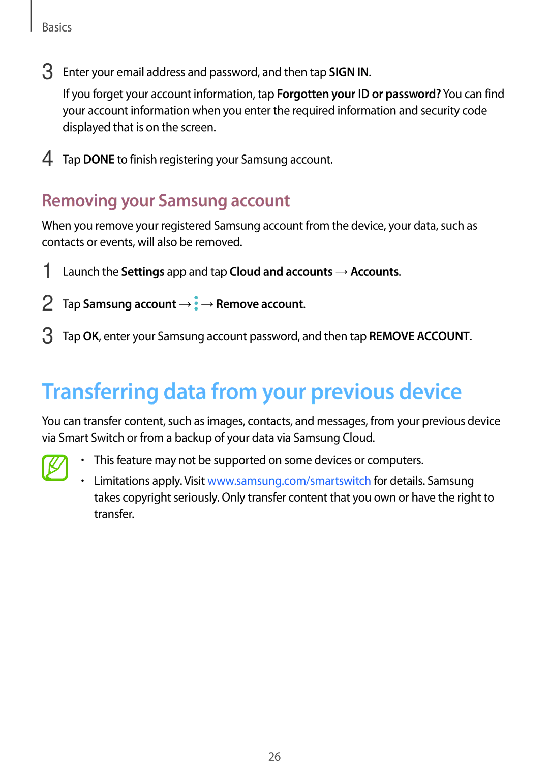 Samsung SM-J250FZKAILO, SM-J250FZKDKSA manual Transferring data from your previous device, Removing your Samsung account 