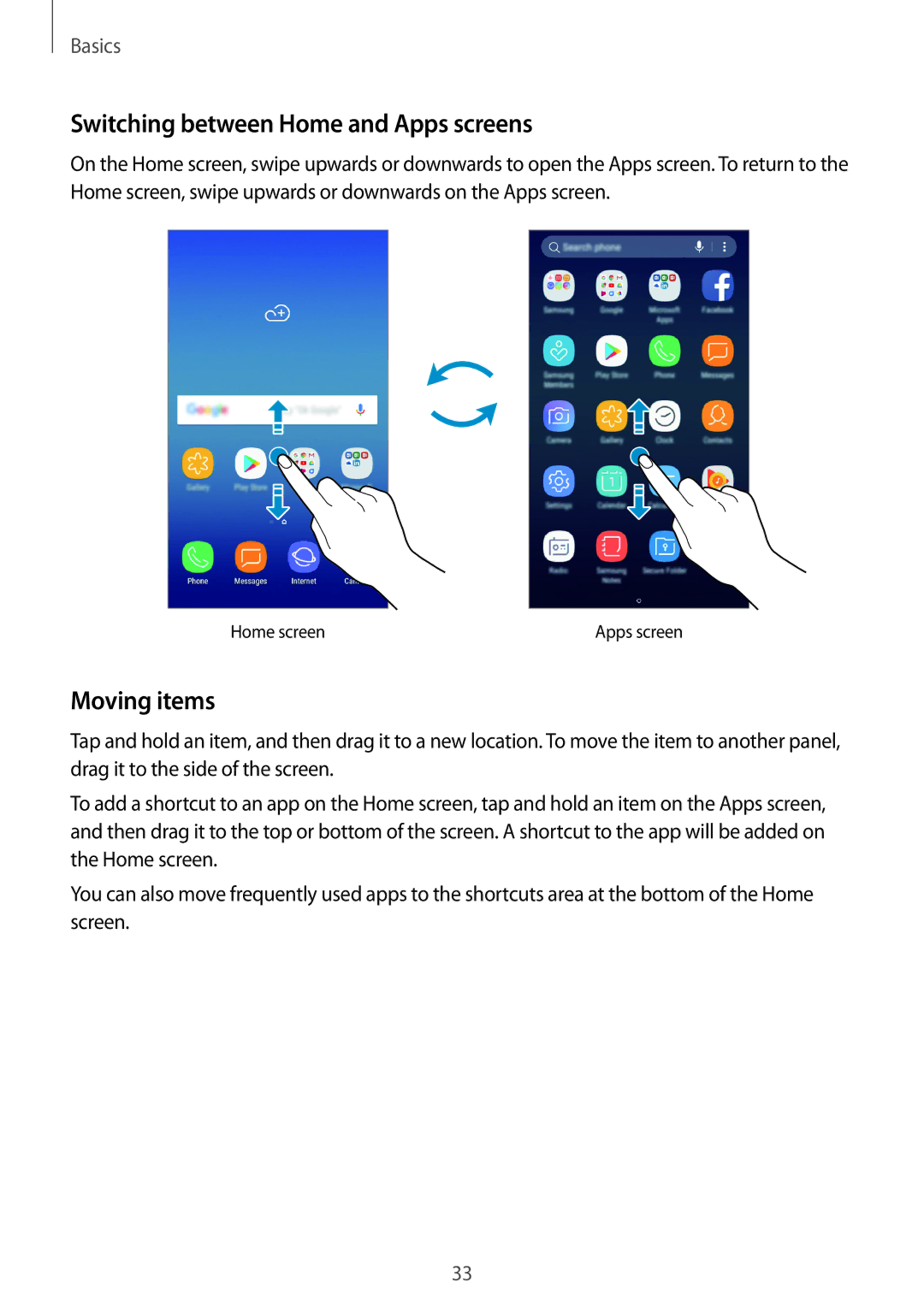 Samsung SM-J250FZDAILO, SM-J250FZKDKSA, SM-J250FZDDKSA, SM-J250FZSDKSA Switching between Home and Apps screens, Moving items 