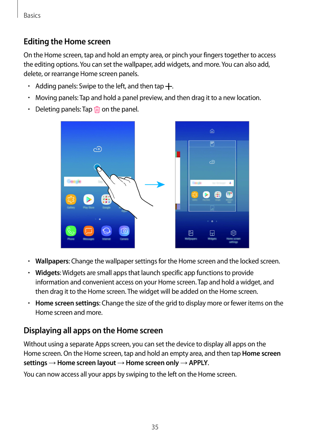 Samsung SM-J250FZKAILO, SM-J250FZKDKSA, SM-J250FZDDKSA manual Editing the Home screen, Displaying all apps on the Home screen 