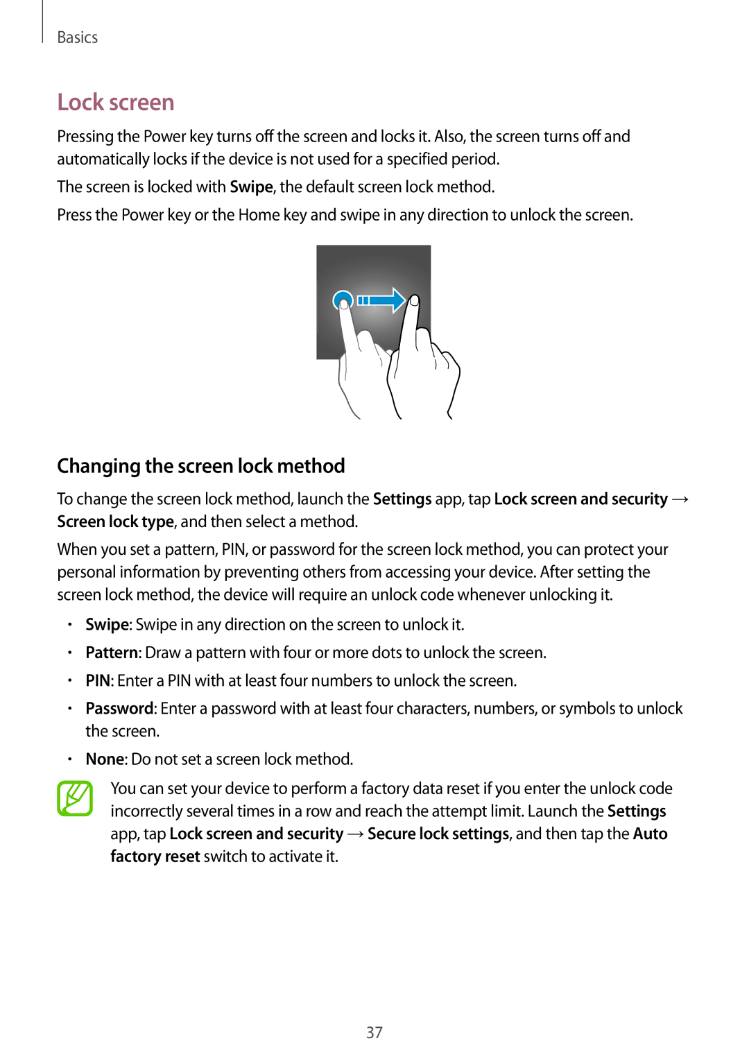 Samsung SM-J250FZDDKSA, SM-J250FZKDKSA, SM-J250FZSDKSA, SM-J250FZDDXXV manual Lock screen, Changing the screen lock method 