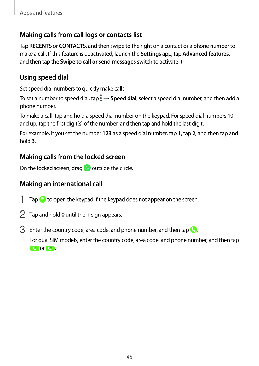 Samsung SM-J250FZKDKSA Making calls from call logs or contacts list, Using speed dial, Making calls from the locked screen 