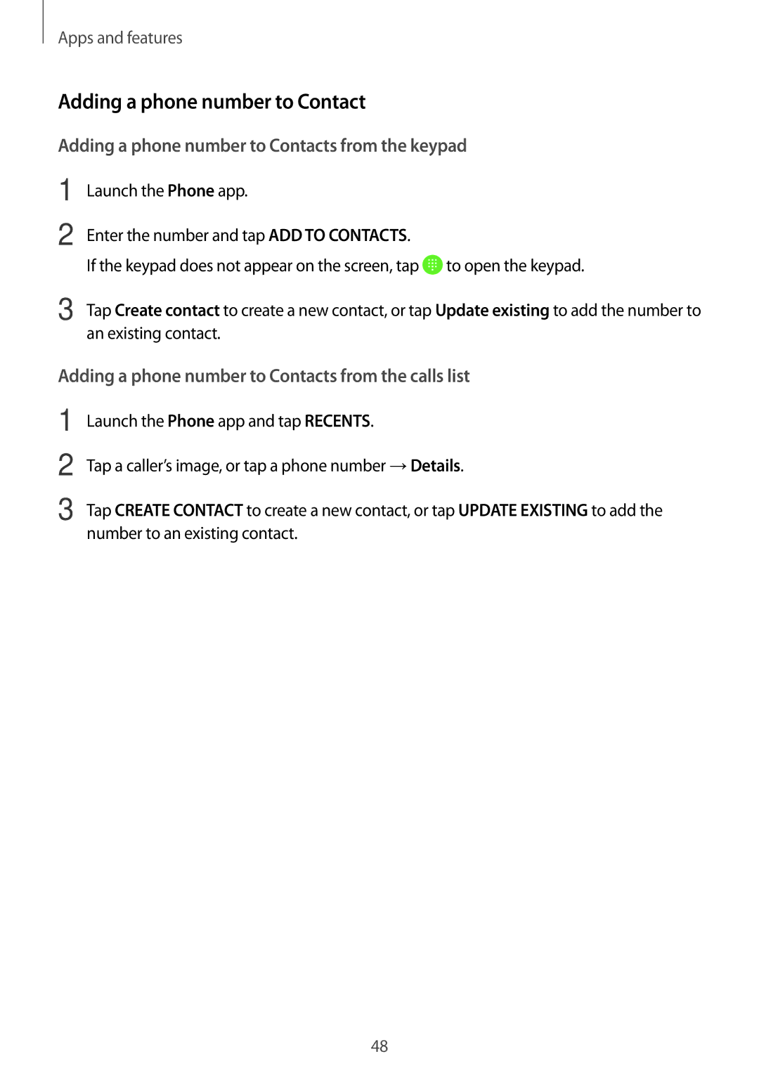 Samsung SM-J250FZDDXXV, SM-J250FZKDKSA, SM-J250FZDDKSA, SM-J250FZSDKSA Adding a phone number to Contacts from the keypad 