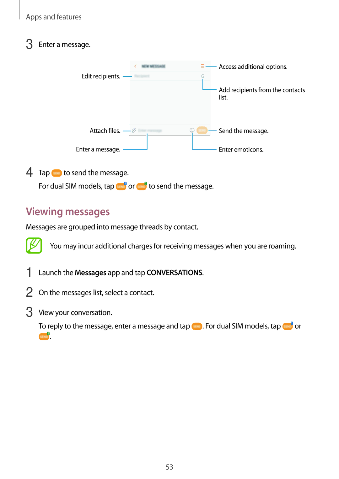 Samsung SM-J250FZKAILO, SM-J250FZKDKSA, SM-J250FZDDKSA manual Viewing messages, Enter a message, Tap, To send the message 