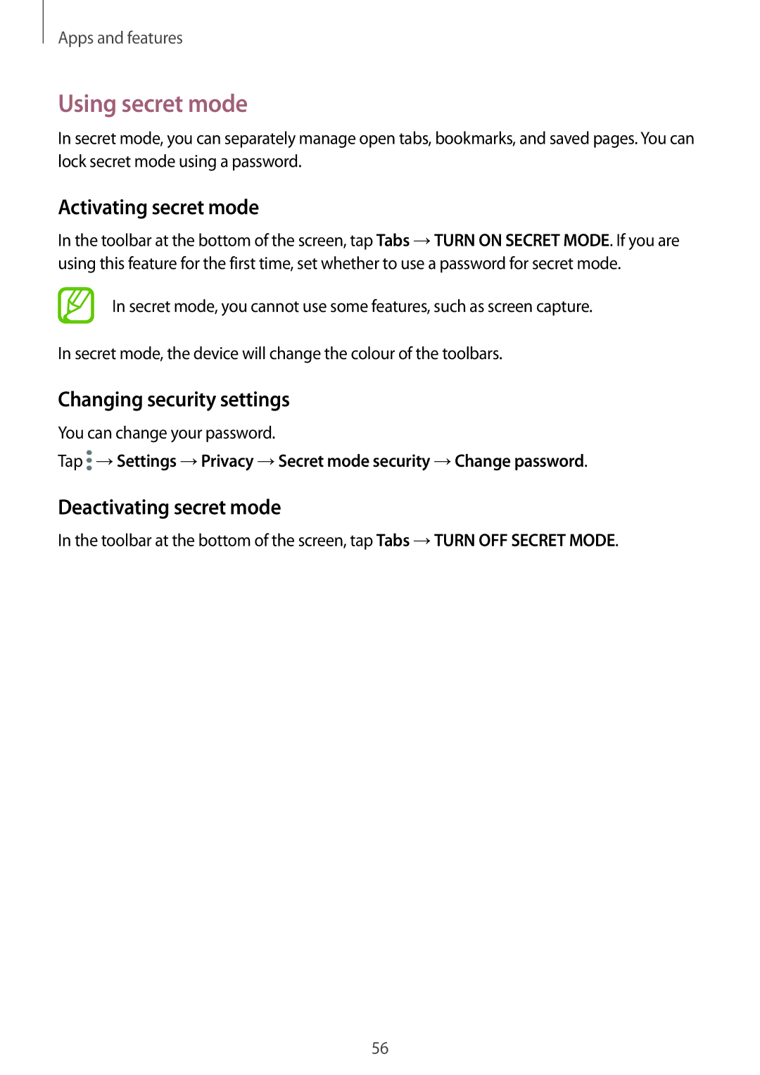 Samsung SM-J250FZSDKSA Using secret mode, Activating secret mode, Changing security settings, Deactivating secret mode 