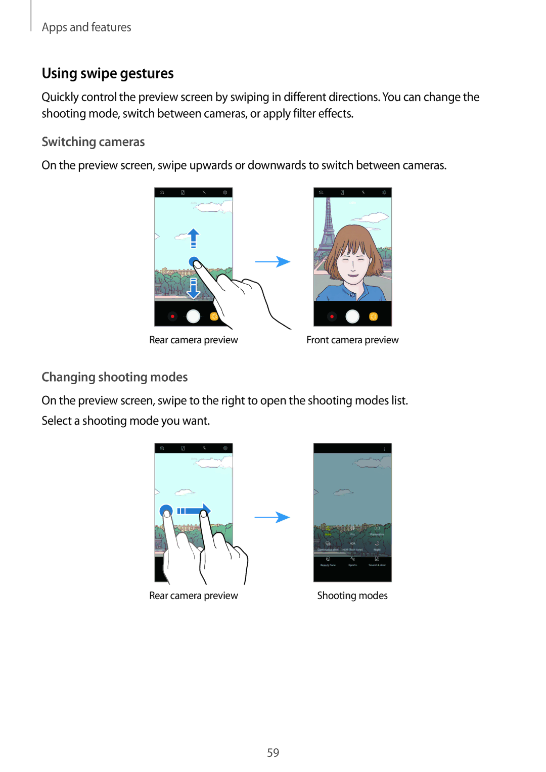 Samsung SM-J250FZSDXXV, SM-J250FZKDKSA, SM-J250FZDDKSA, SM-J250FZSDKSA manual Using swipe gestures, Switching cameras 