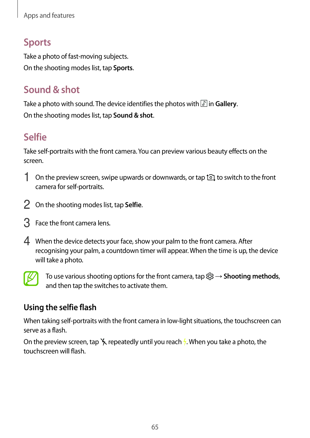 Samsung SM-J250FZSDKSA, SM-J250FZKDKSA, SM-J250FZDDKSA, SM-J250FZDDXXV Sports, Sound & shot, Selfie, Using the selfie flash 