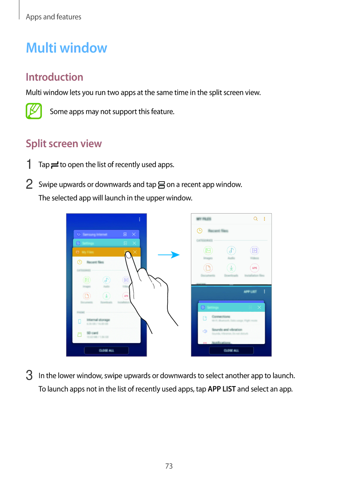 Samsung SM-J250FZDDKSA, SM-J250FZKDKSA manual Multi window, Split screen view, Tap to open the list of recently used apps 