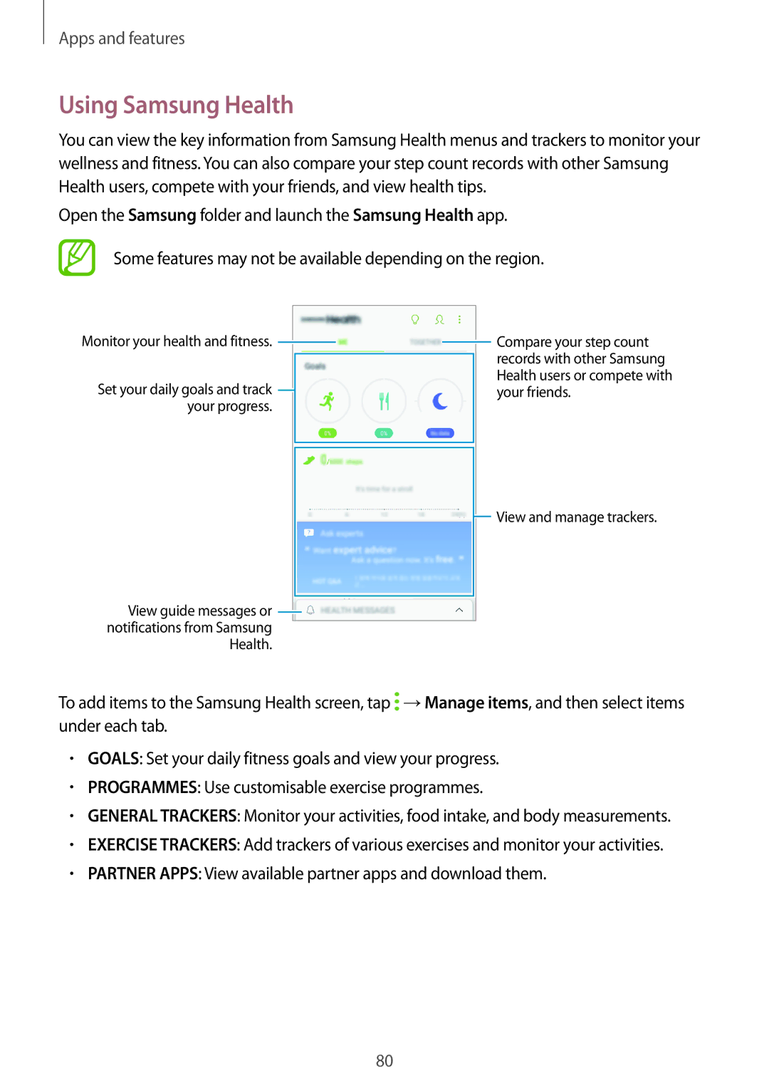 Samsung SM-J250FZKAILO, SM-J250FZKDKSA Using Samsung Health, Partner Apps View available partner apps and download them 