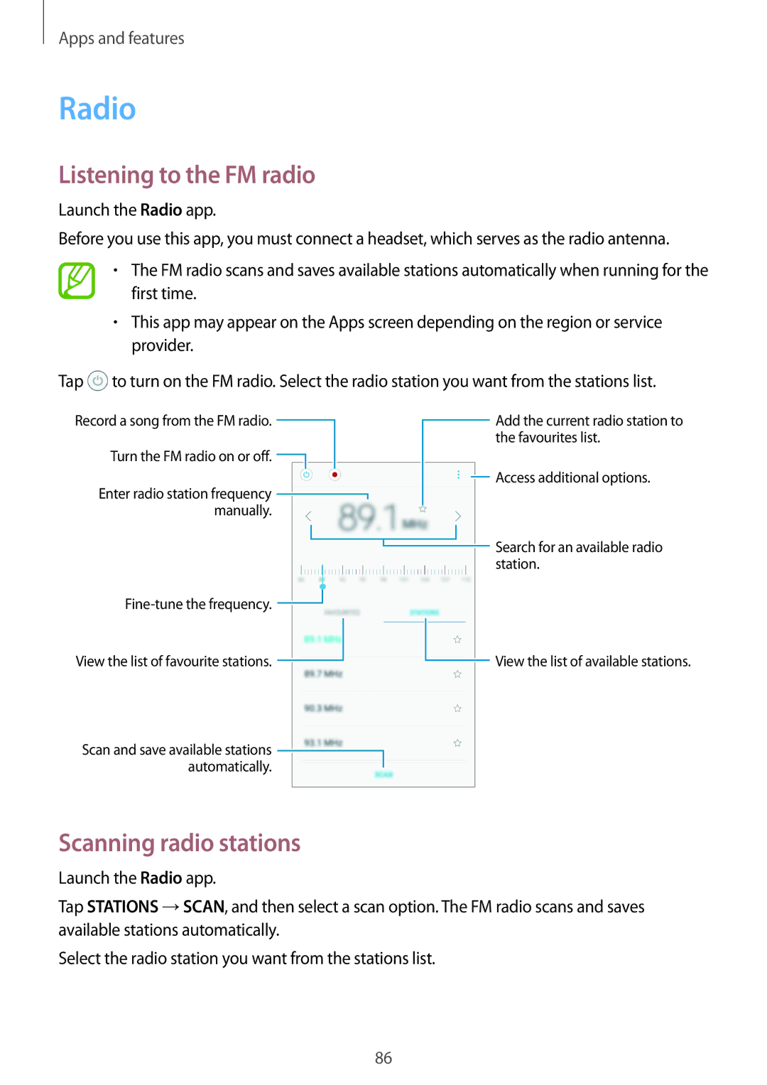 Samsung SM-J250FZSDXXV, SM-J250FZKDKSA manual Listening to the FM radio, Scanning radio stations, Launch the Radio app 