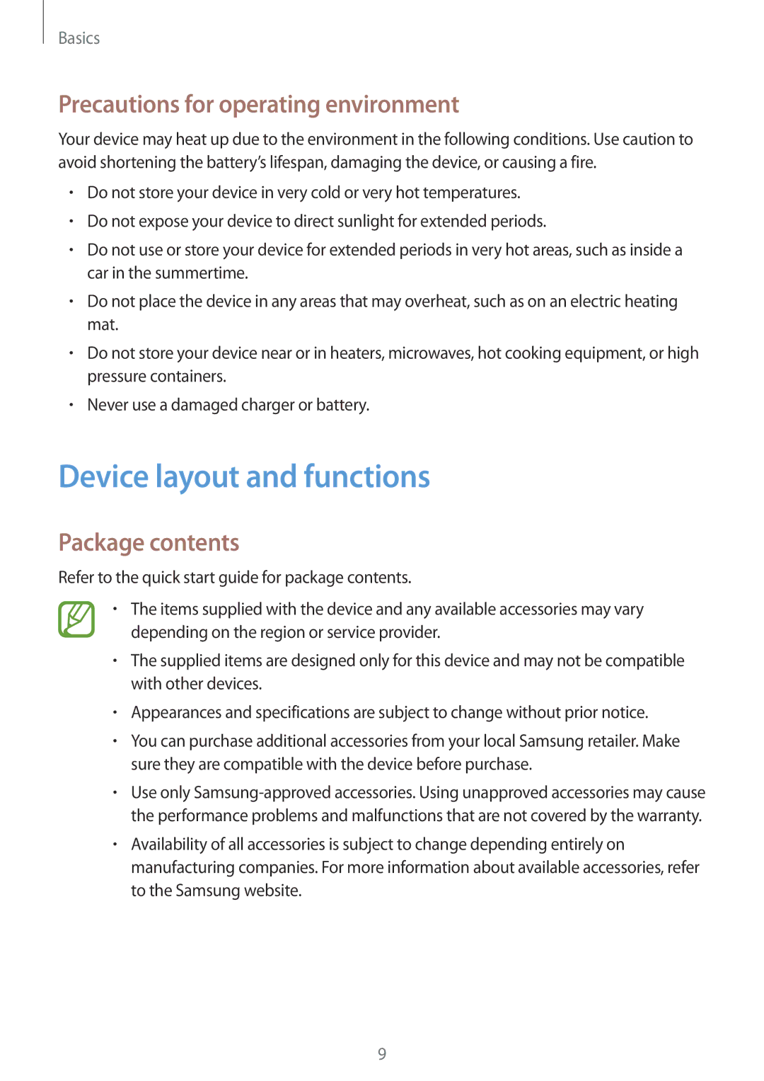 Samsung SM-J250FZKDKSA manual Device layout and functions, Precautions for operating environment, Package contents 