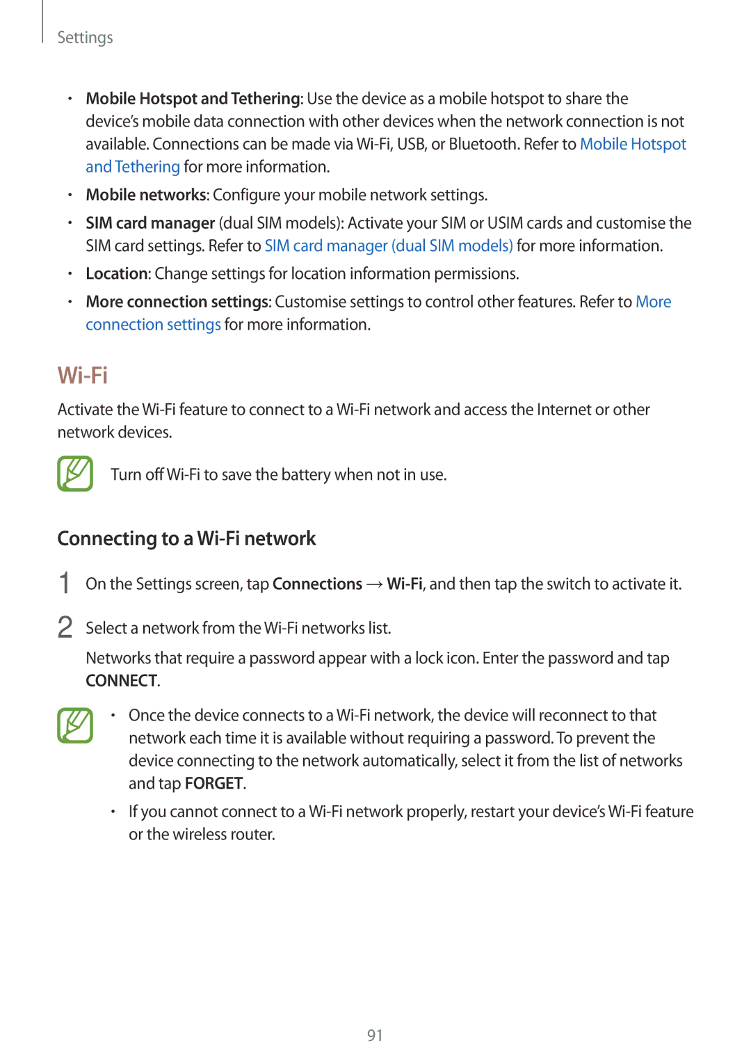 Samsung SM-J250FZDDKSA manual Connecting to a Wi-Fi network, Mobile networks Configure your mobile network settings 