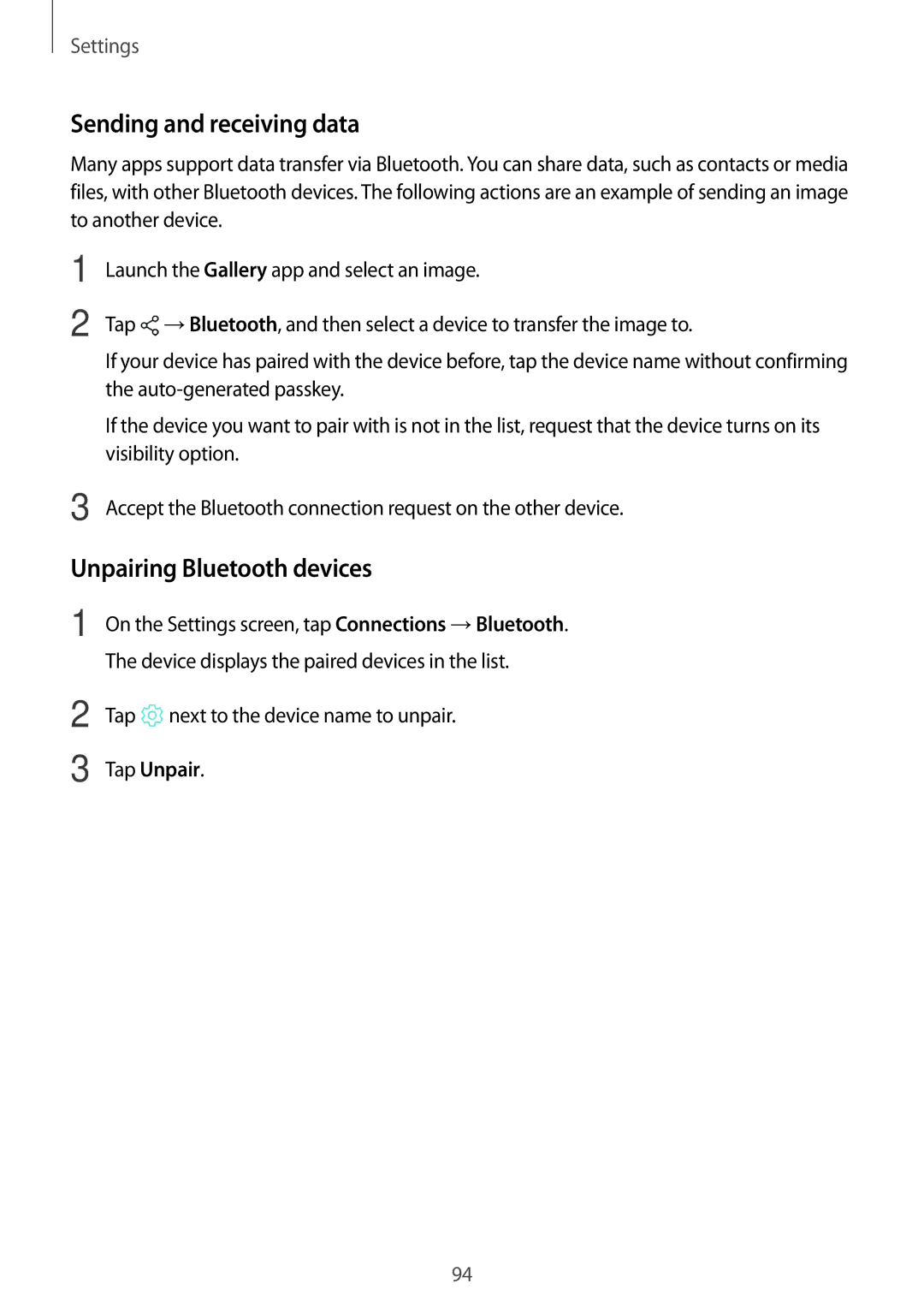 Samsung SM-J250FZKDXXV Sending and receiving data, Unpairing Bluetooth devices, Tap next to the device name to unpair 