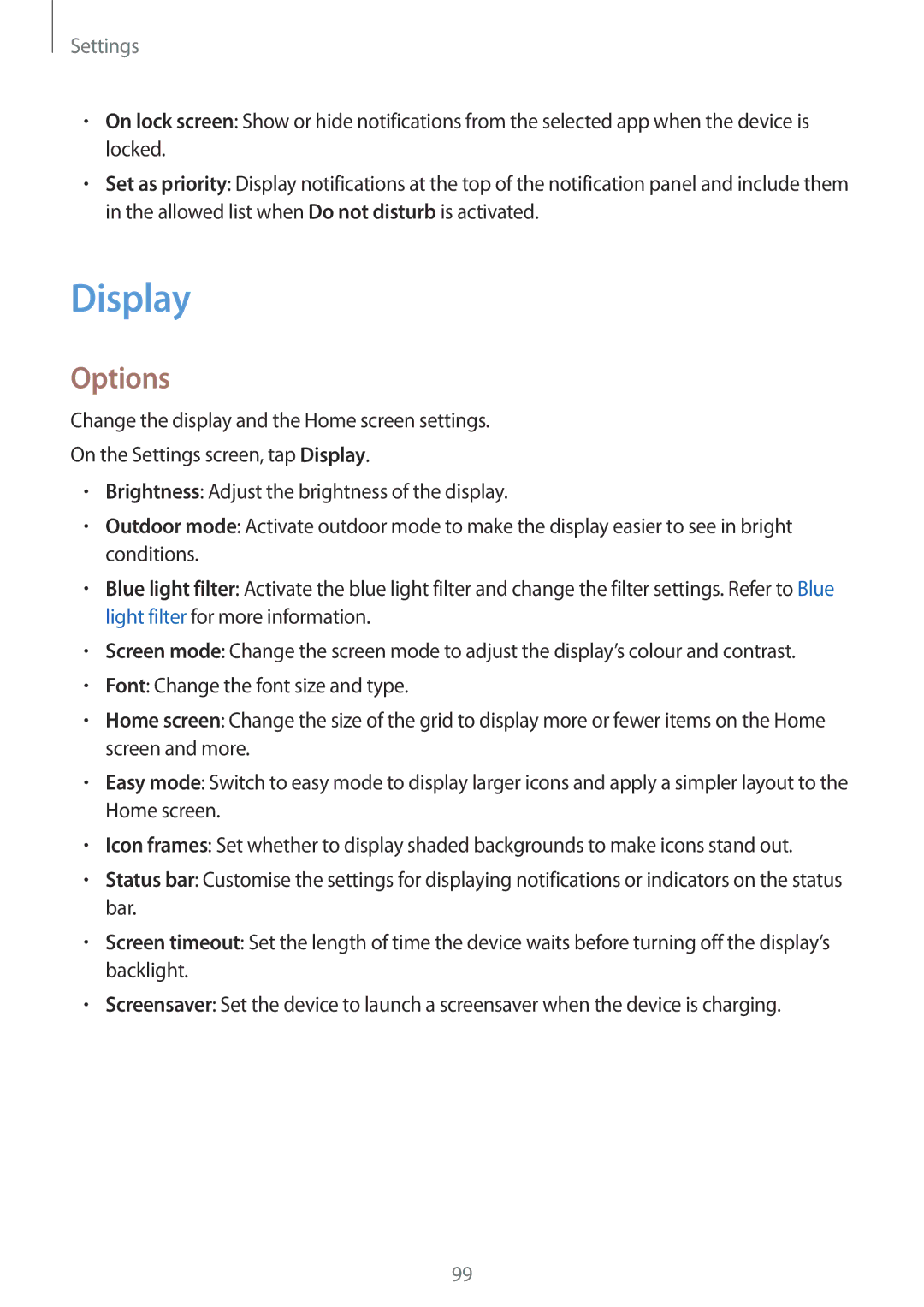 Samsung SM-J250FZKDKSA, SM-J250FZDDKSA, SM-J250FZSDKSA, SM-J250FZDDXXV, SM-J250FZKDXXV, SM-J250FZSDXXV manual Display, Options 