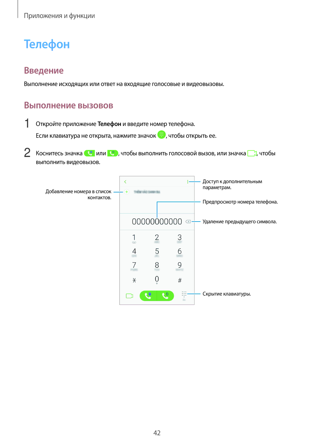 Samsung SM-J250FZKDSER, SM-J250FZDDSER manual Телефон, Выполнение вызовов 