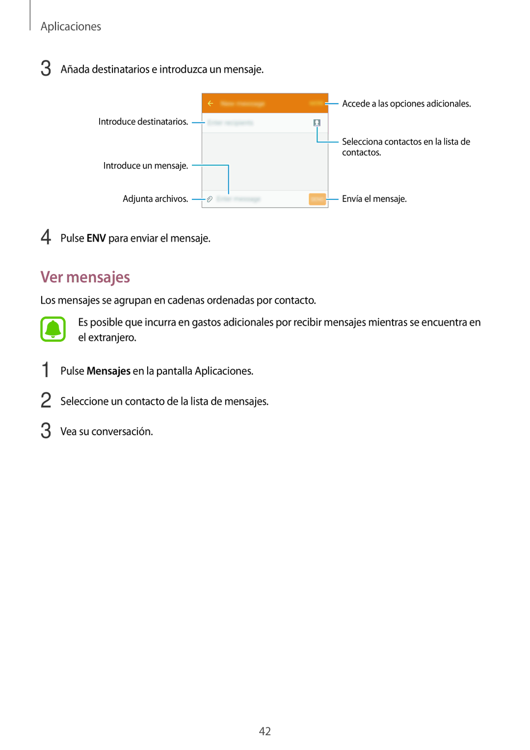 Samsung SM-J320FZDNPHE, SM-J320FZKNPHE, SM-J320FZWNPHE manual Ver mensajes, Añada destinatarios e introduzca un mensaje 