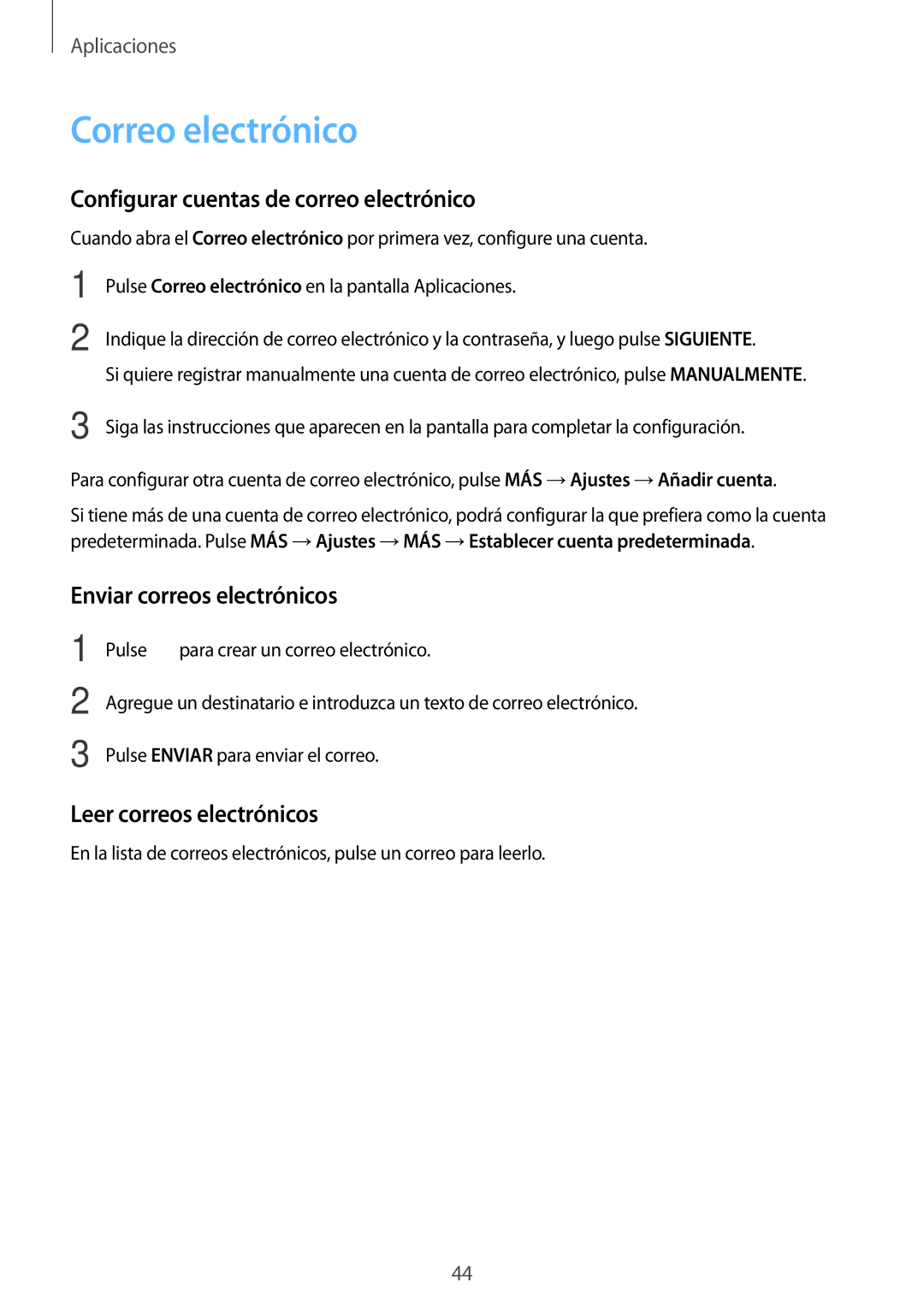 Samsung SM-J320FZWNPHE manual Correo electrónico, Configurar cuentas de correo electrónico, Enviar correos electrónicos 