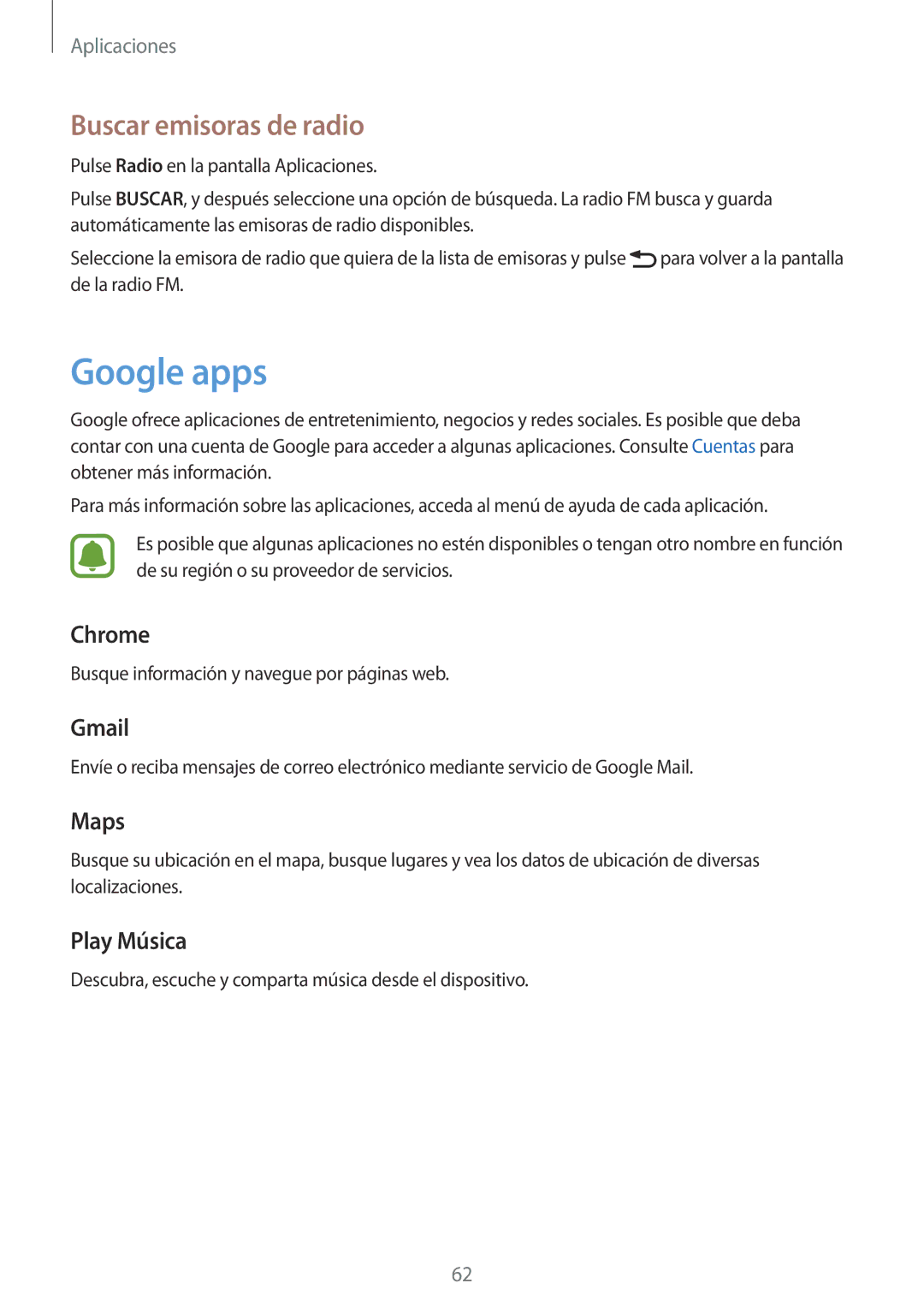 Samsung SM-J320FZWNPHE, SM-J320FZDNPHE, SM-J320FZKNPHE manual Google apps, Buscar emisoras de radio 
