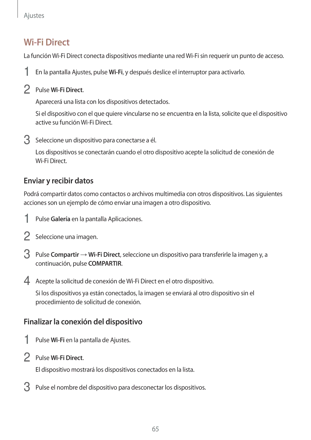 Samsung SM-J320FZWNPHE manual Enviar y recibir datos, Finalizar la conexión del dispositivo, Pulse Wi-Fi Direct 