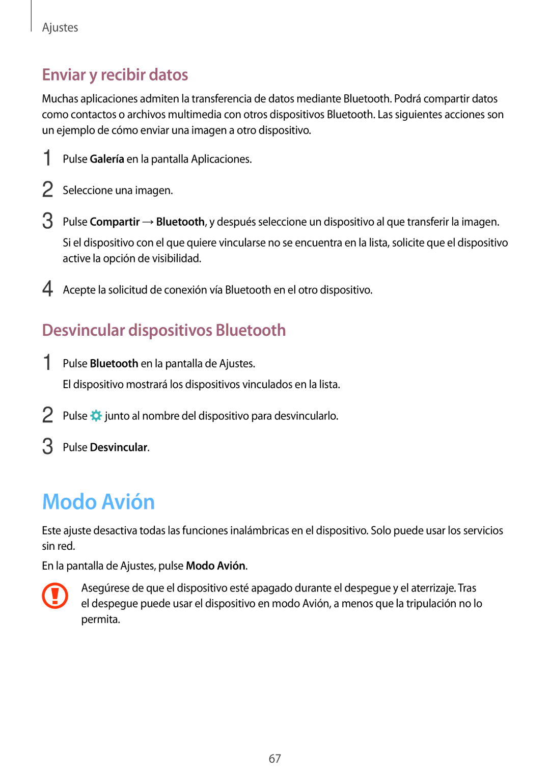 Samsung SM-J320FZKNPHE manual Modo Avión, Enviar y recibir datos, Desvincular dispositivos Bluetooth, Pulse Desvincular 