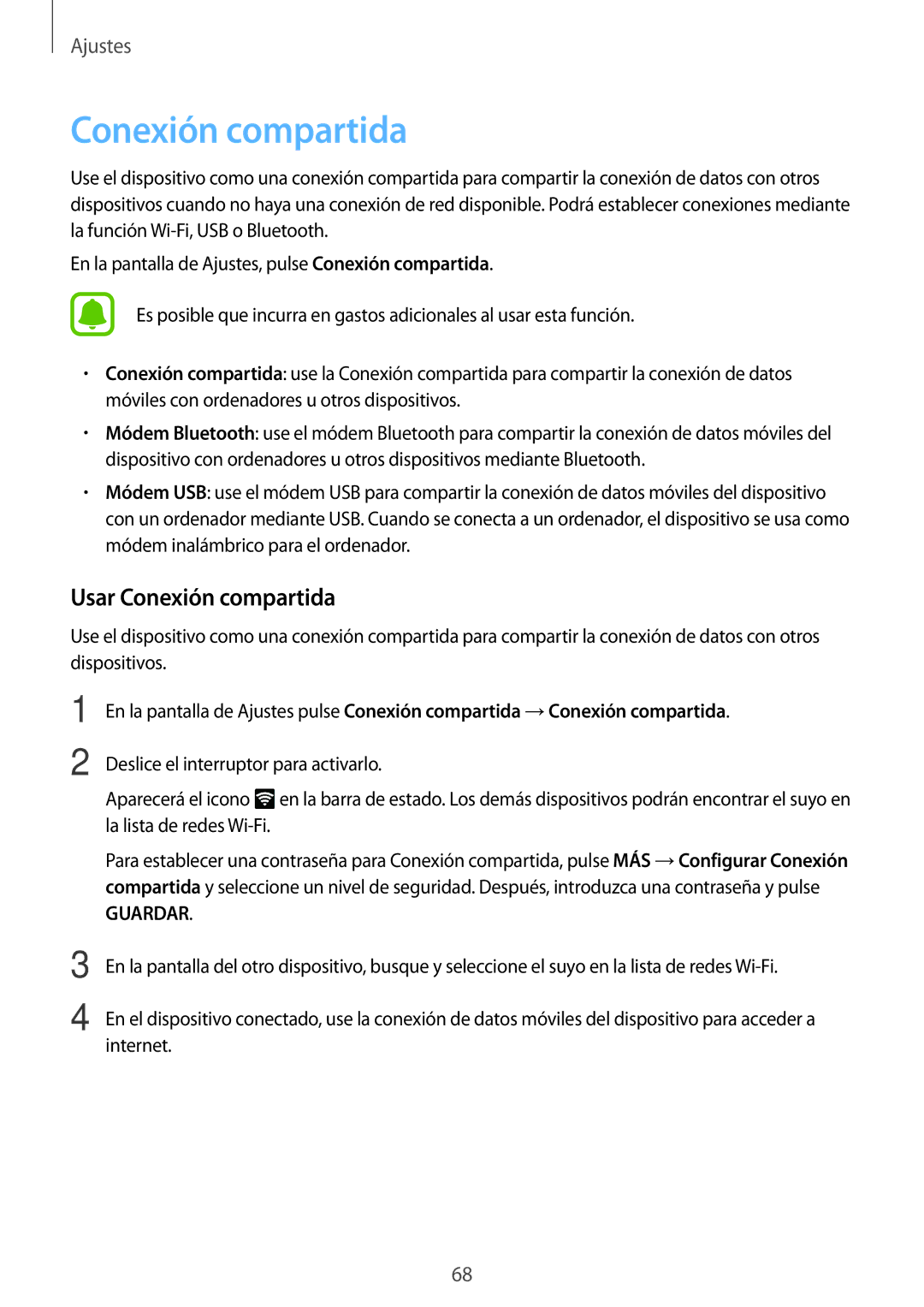 Samsung SM-J320FZWNPHE, SM-J320FZDNPHE, SM-J320FZKNPHE manual Usar Conexión compartida 