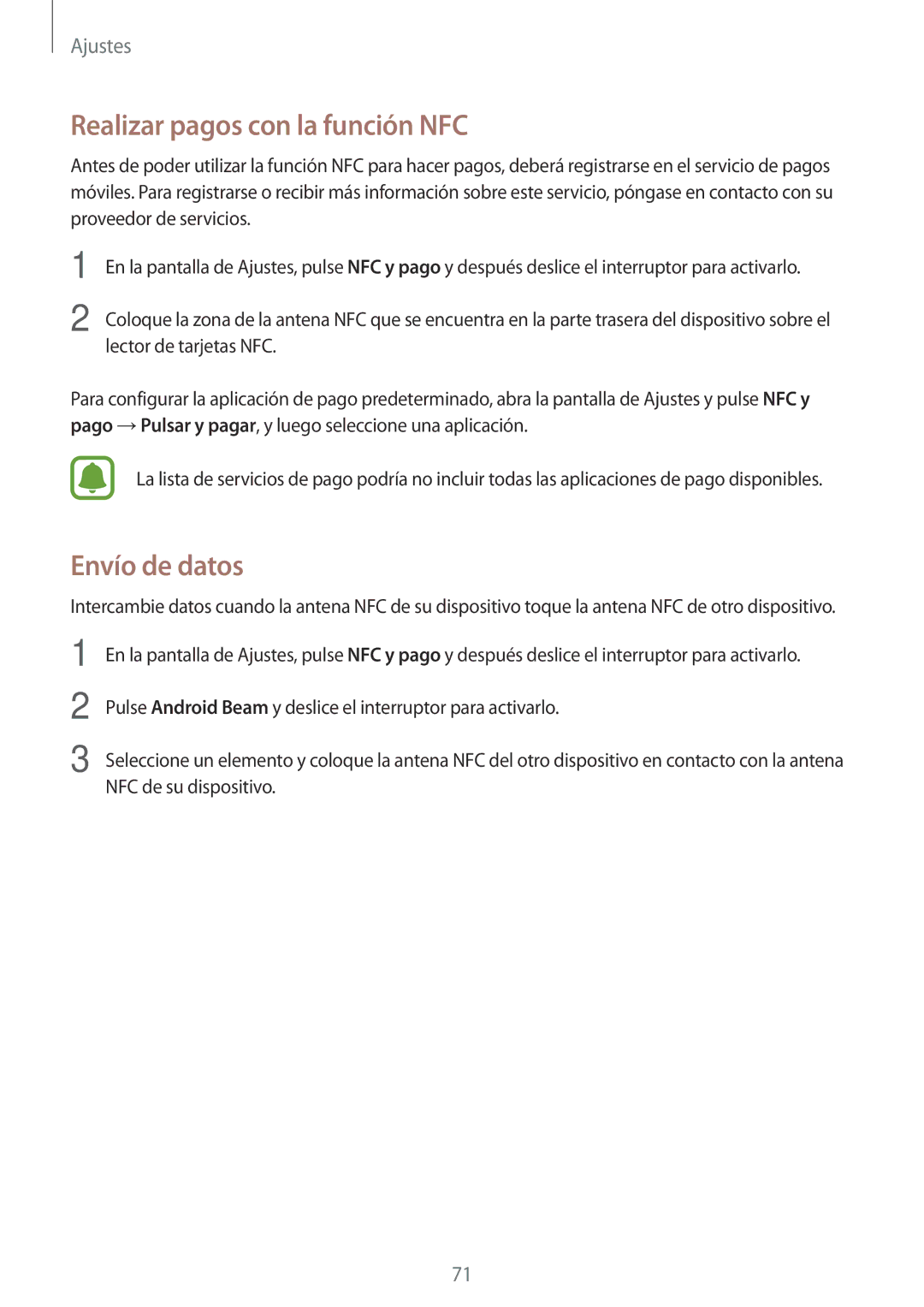 Samsung SM-J320FZWNPHE, SM-J320FZDNPHE, SM-J320FZKNPHE manual Realizar pagos con la función NFC, Envío de datos 