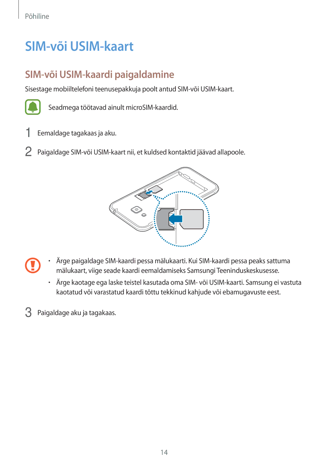 Samsung SM-J320FZDNSEB, SM-J320FZKNSEB manual SIM-või USIM-kaart, SIM-või USIM-kaardi paigaldamine 