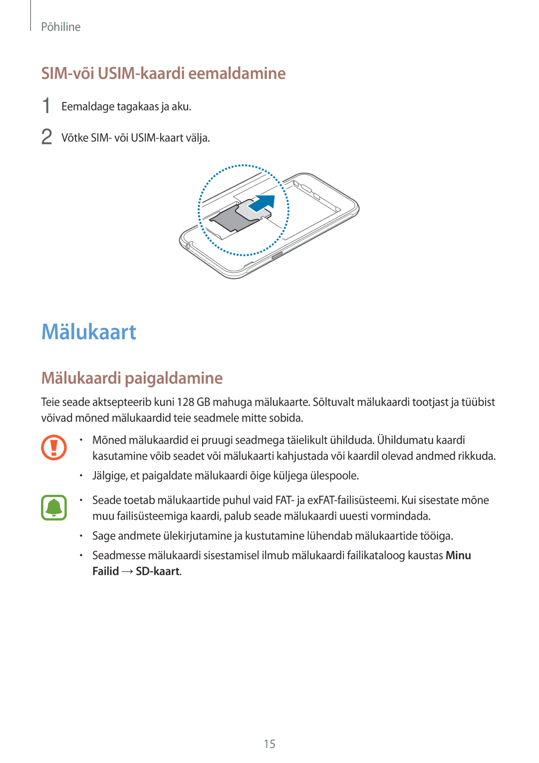 Samsung SM-J320FZKNSEB, SM-J320FZDNSEB manual Mälukaart, SIM-või USIM-kaardi eemaldamine, Mälukaardi paigaldamine 