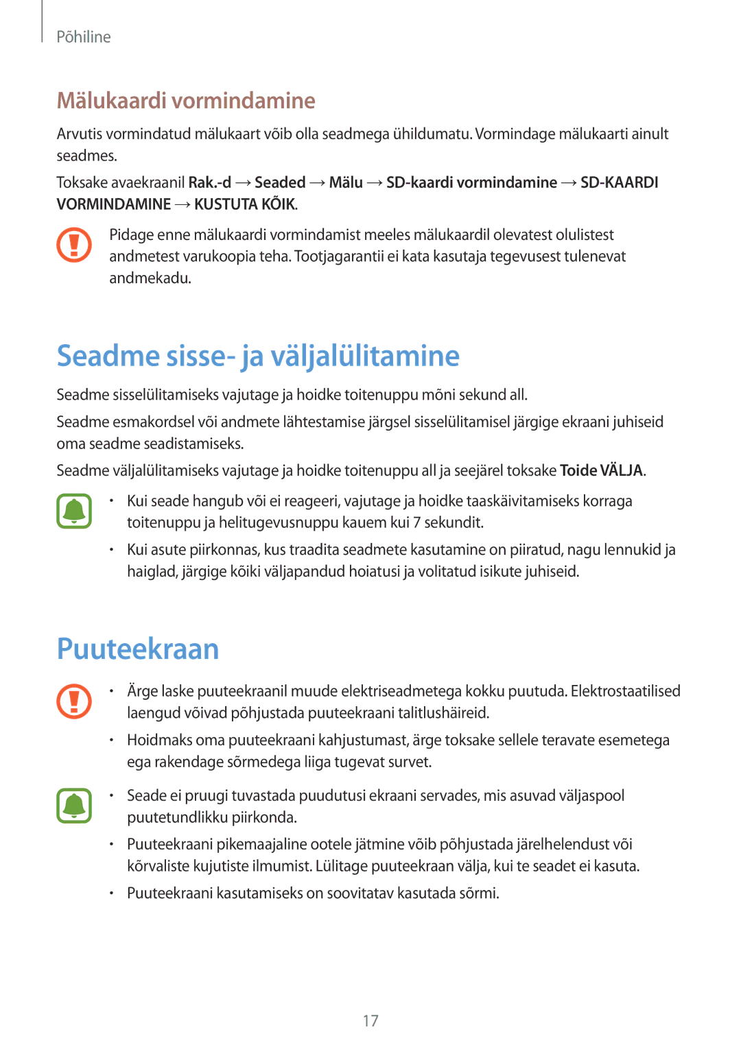 Samsung SM-J320FZKNSEB, SM-J320FZDNSEB manual Seadme sisse- ja väljalülitamine, Puuteekraan, Mälukaardi vormindamine 