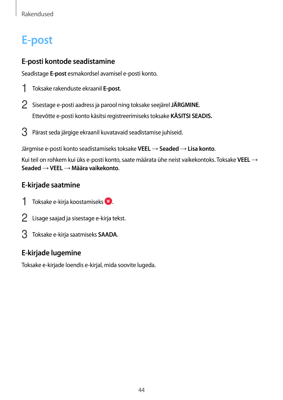 Samsung SM-J320FZDNSEB, SM-J320FZKNSEB manual Posti kontode seadistamine, Kirjade saatmine, Kirjade lugemine 