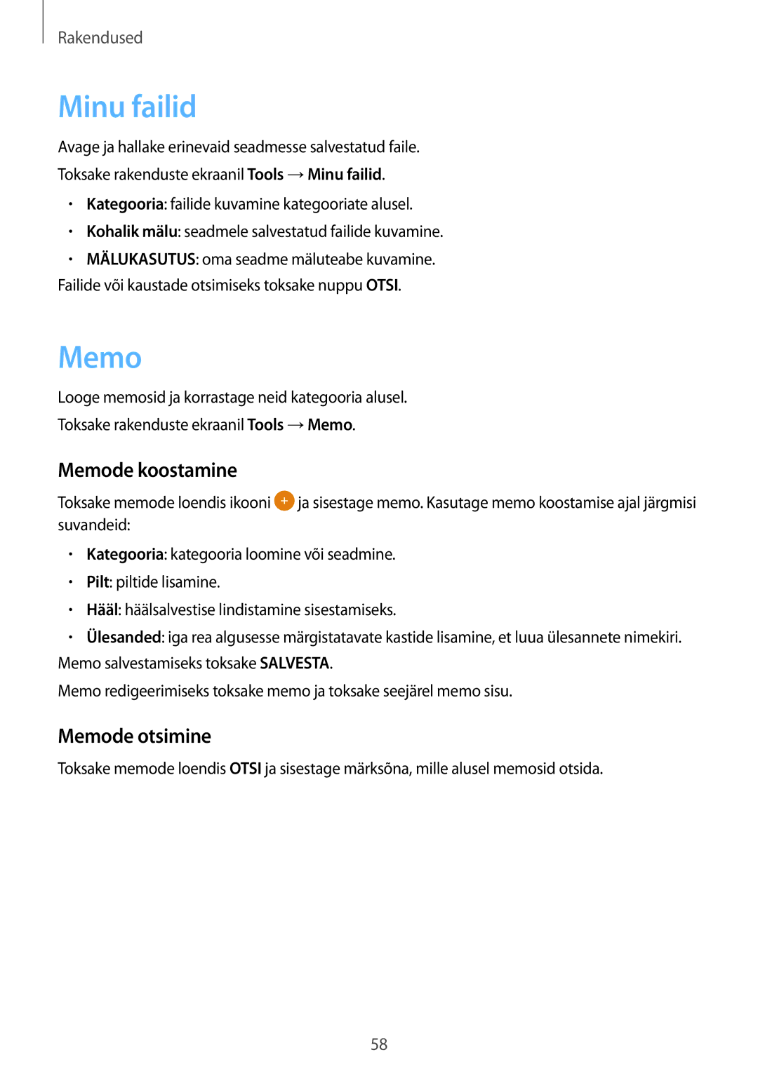 Samsung SM-J320FZDNSEB, SM-J320FZKNSEB manual Minu failid, Memode koostamine, Memode otsimine 