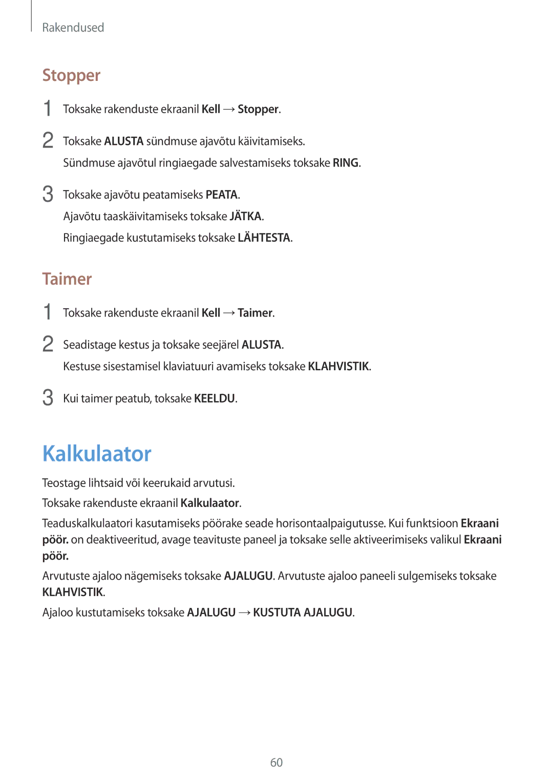 Samsung SM-J320FZDNSEB, SM-J320FZKNSEB manual Kalkulaator, Stopper, Taimer 