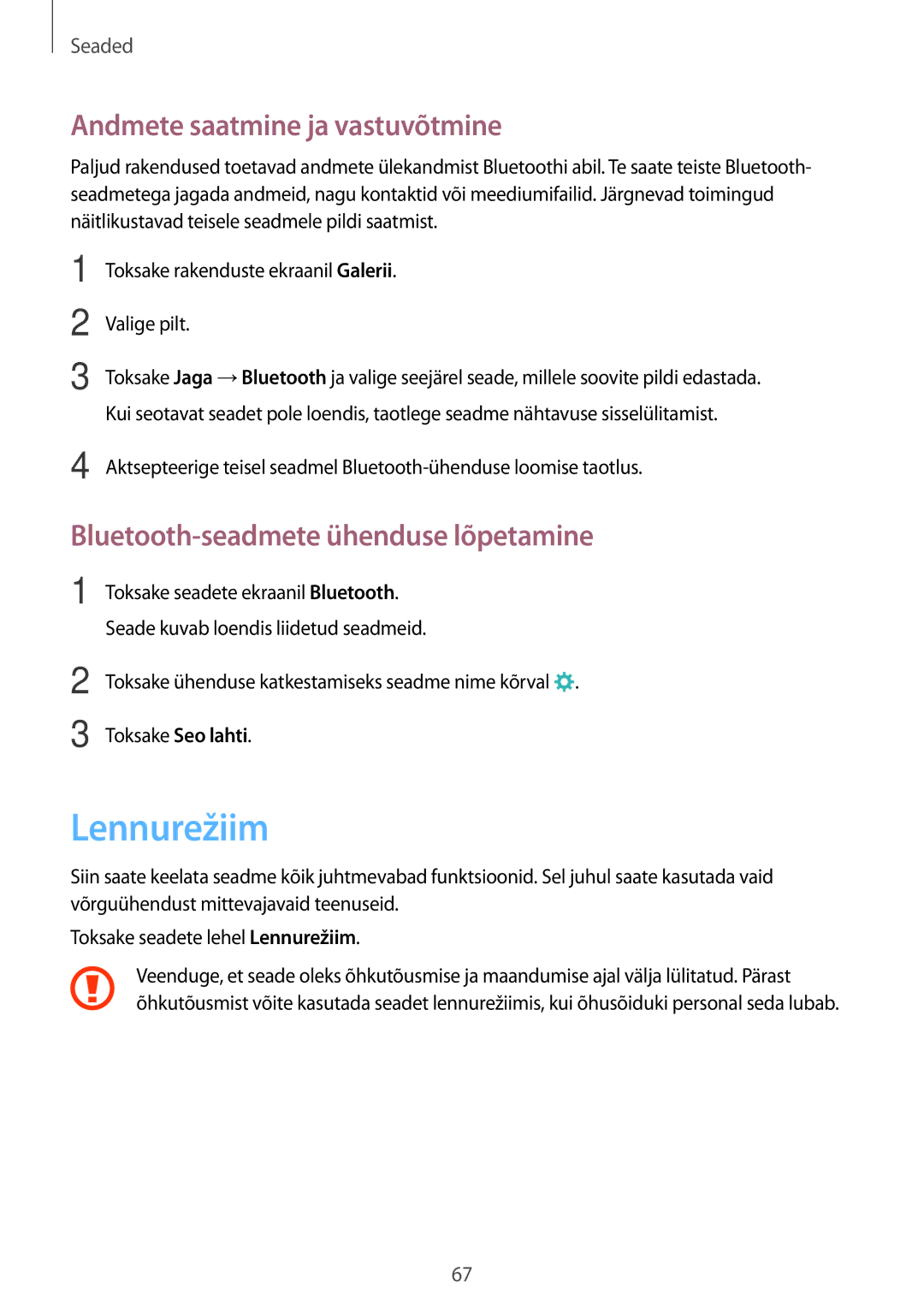 Samsung SM-J320FZKNSEB, SM-J320FZDNSEB manual Lennurežiim, Andmete saatmine ja vastuvõtmine 