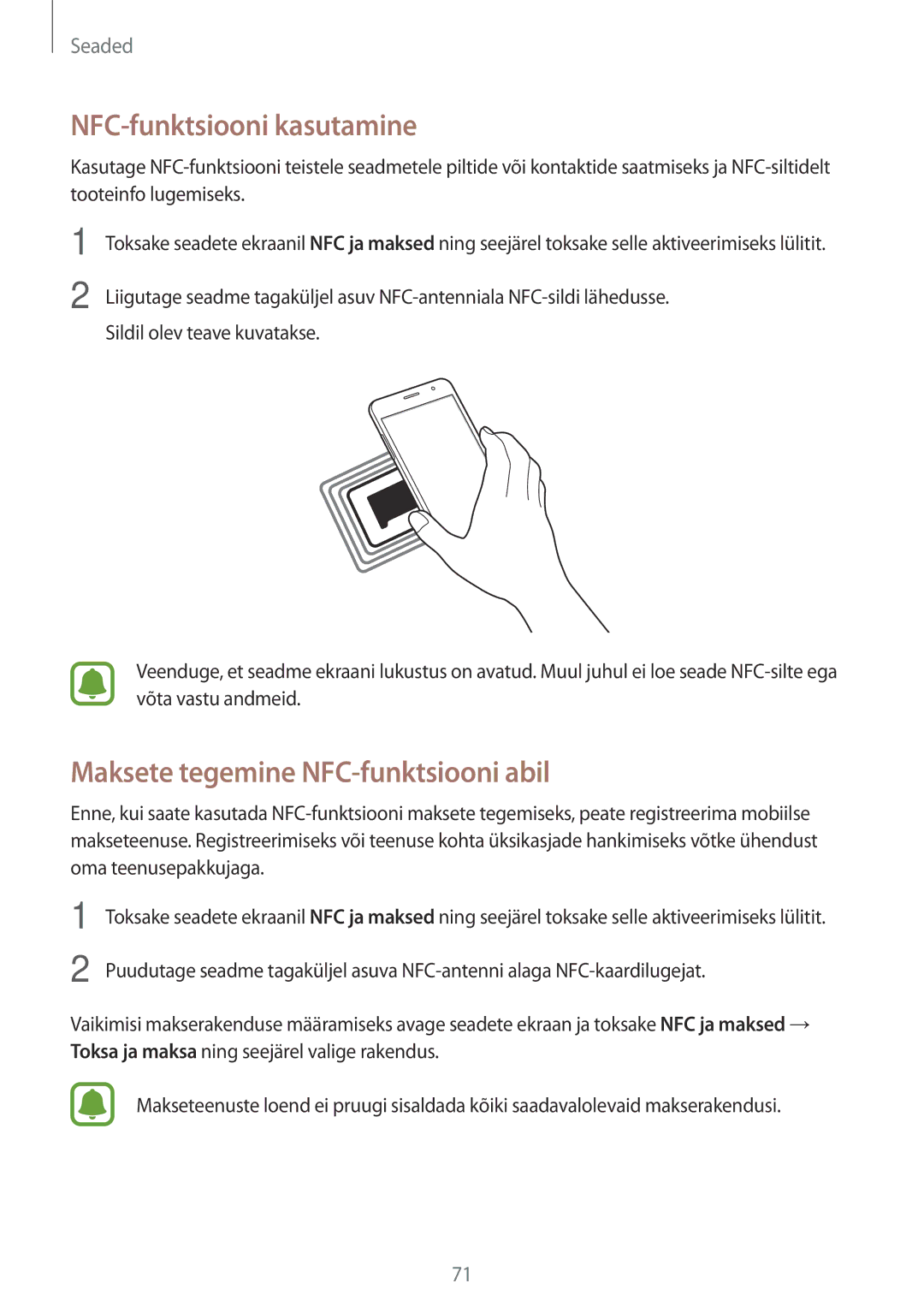 Samsung SM-J320FZKNSEB, SM-J320FZDNSEB manual NFC-funktsiooni kasutamine, Maksete tegemine NFC-funktsiooni abil 