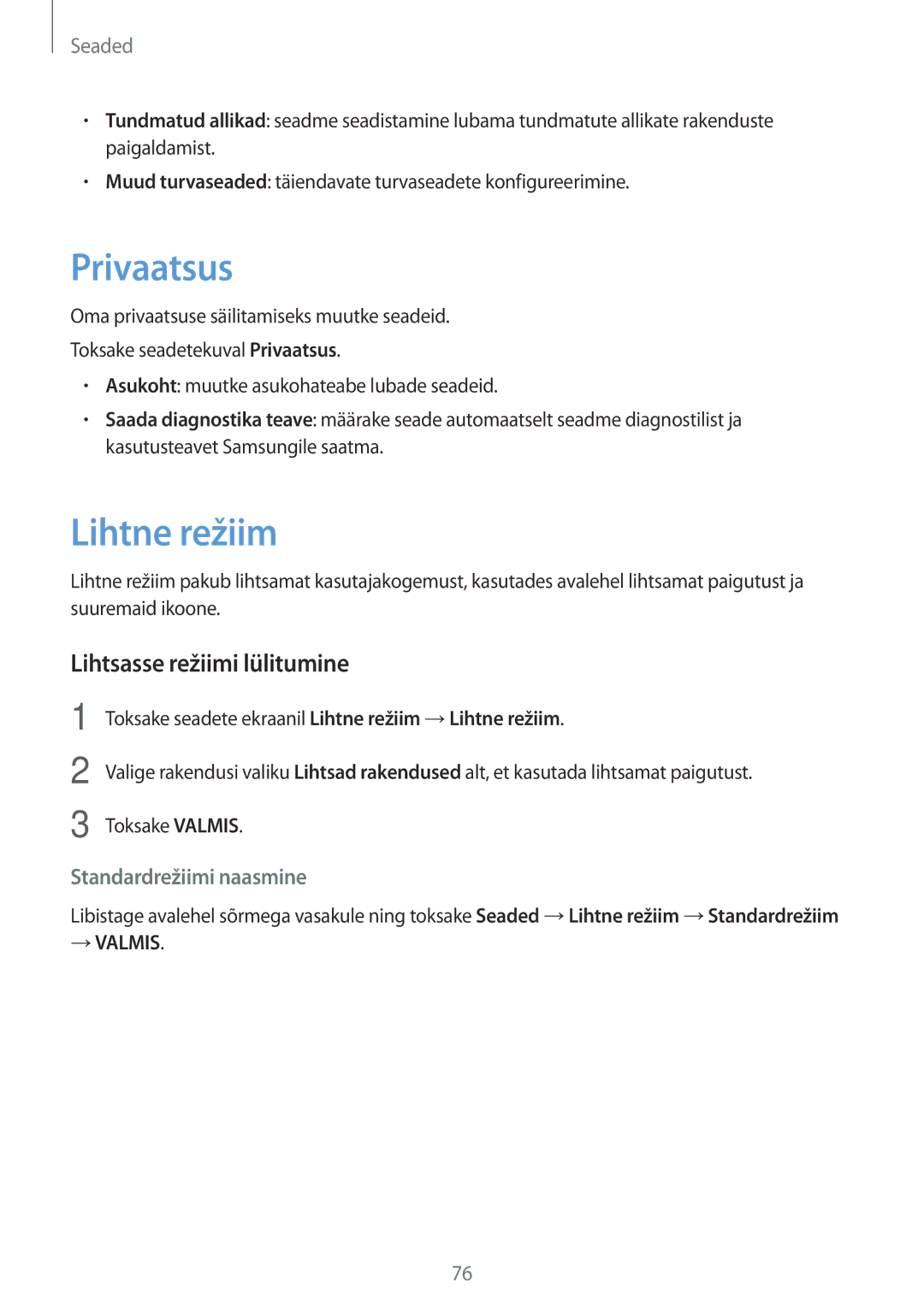 Samsung SM-J320FZDNSEB, SM-J320FZKNSEB manual Privaatsus, Lihtne režiim, Lihtsasse režiimi lülitumine 