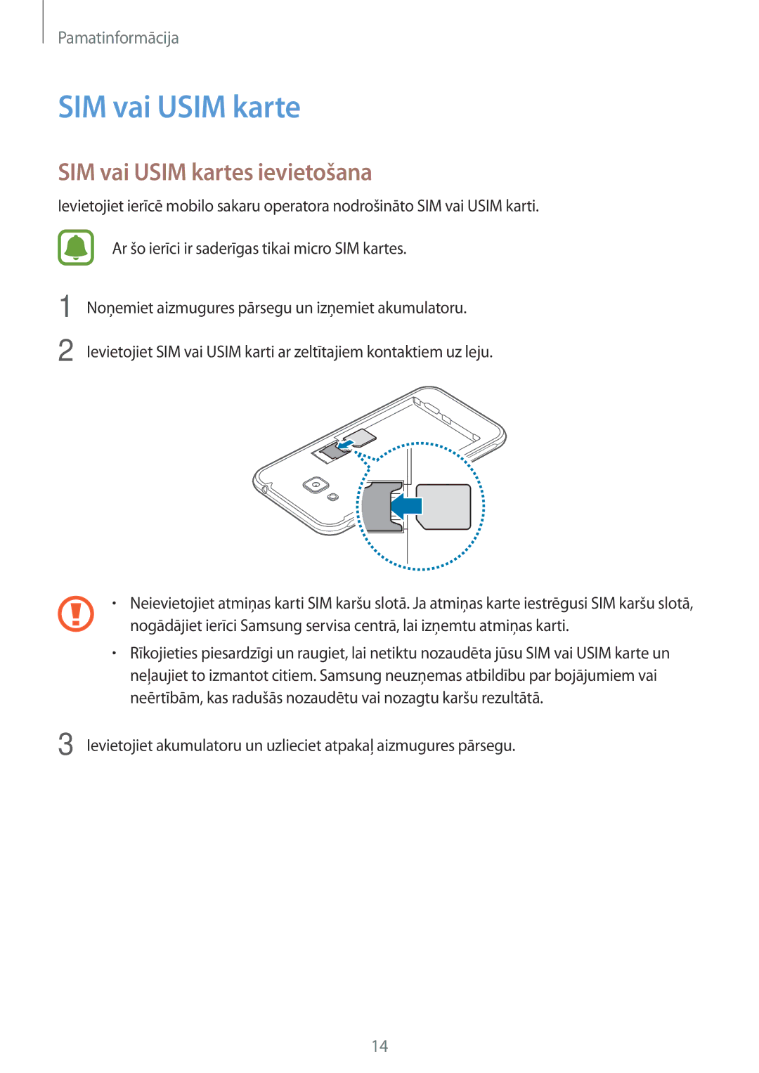 Samsung SM-J320FZDNSEB, SM-J320FZKNSEB manual SIM vai Usim kartes ievietošana 