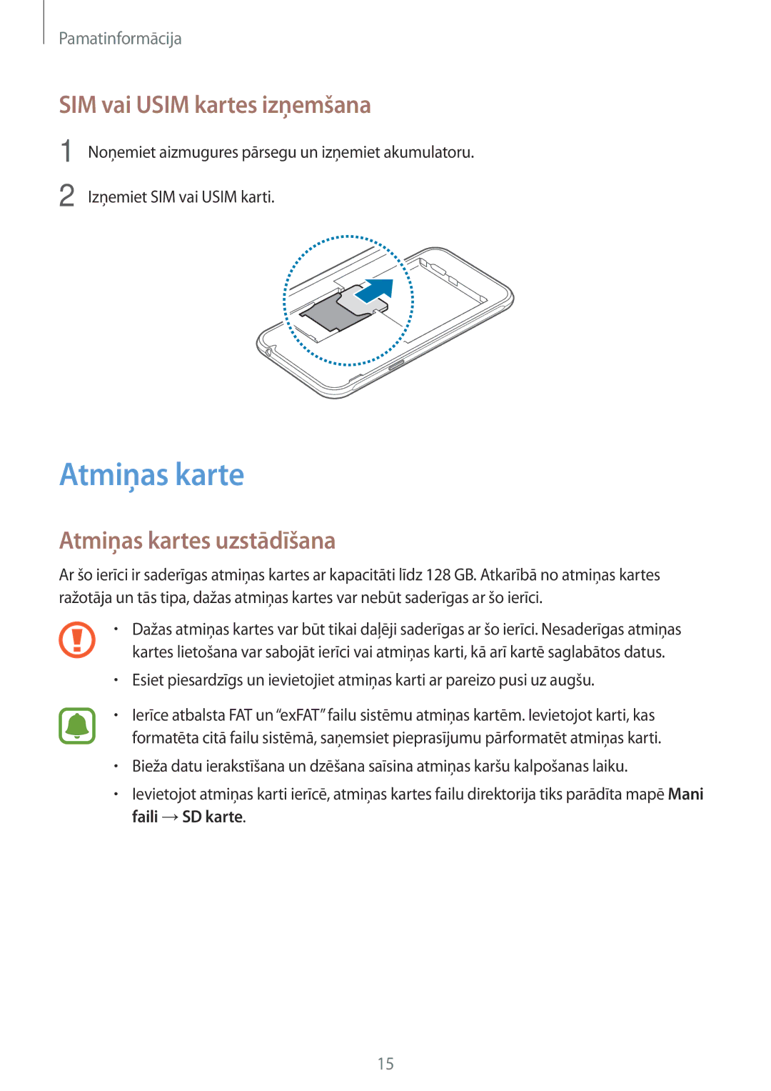 Samsung SM-J320FZKNSEB, SM-J320FZDNSEB manual SIM vai Usim kartes izņemšana, Atmiņas kartes uzstādīšana 