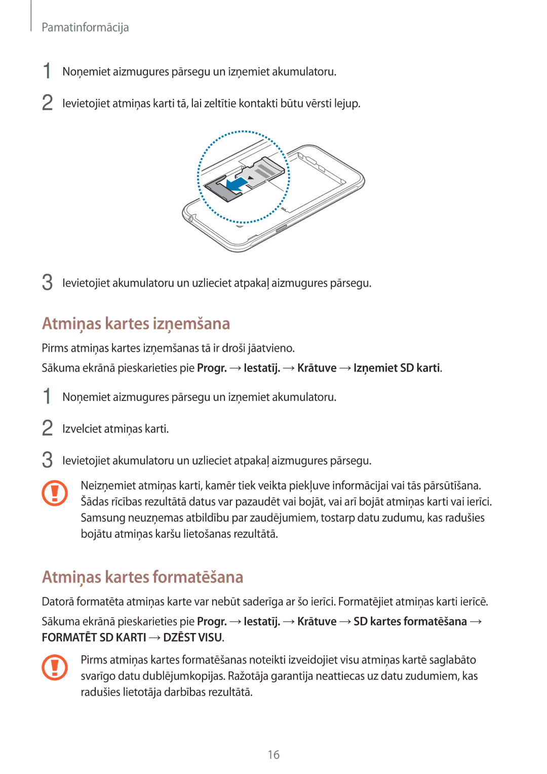 Samsung SM-J320FZDNSEB, SM-J320FZKNSEB manual Atmiņas kartes izņemšana, Atmiņas kartes formatēšana 