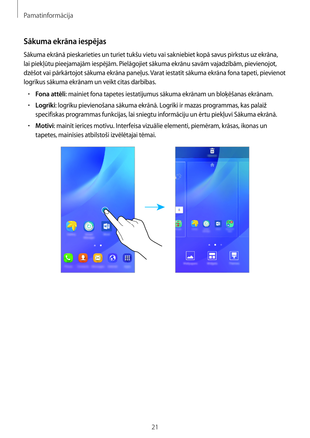 Samsung SM-J320FZKNSEB, SM-J320FZDNSEB manual Sākuma ekrāna iespējas 