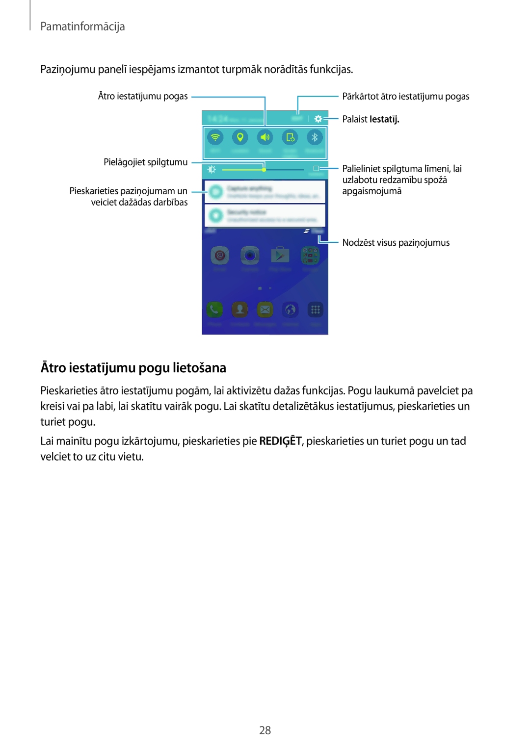 Samsung SM-J320FZDNSEB, SM-J320FZKNSEB manual Ātro iestatījumu pogu lietošana, Palaist Iestatīj 