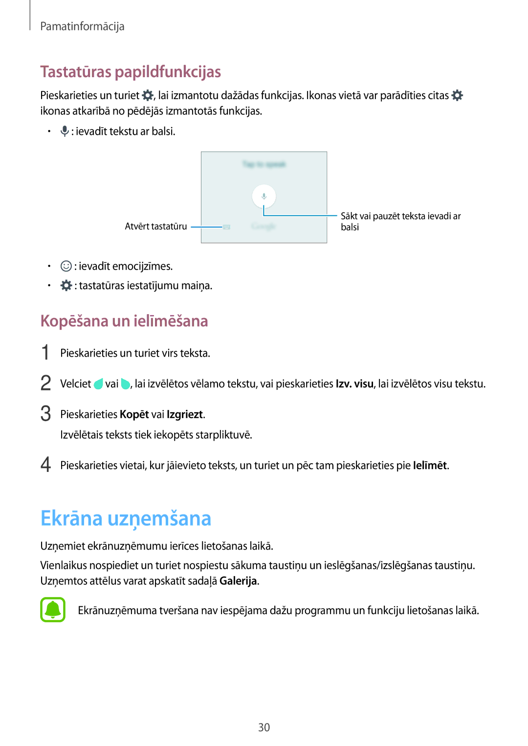 Samsung SM-J320FZDNSEB, SM-J320FZKNSEB manual Ekrāna uzņemšana, Tastatūras papildfunkcijas, Kopēšana un ielīmēšana 