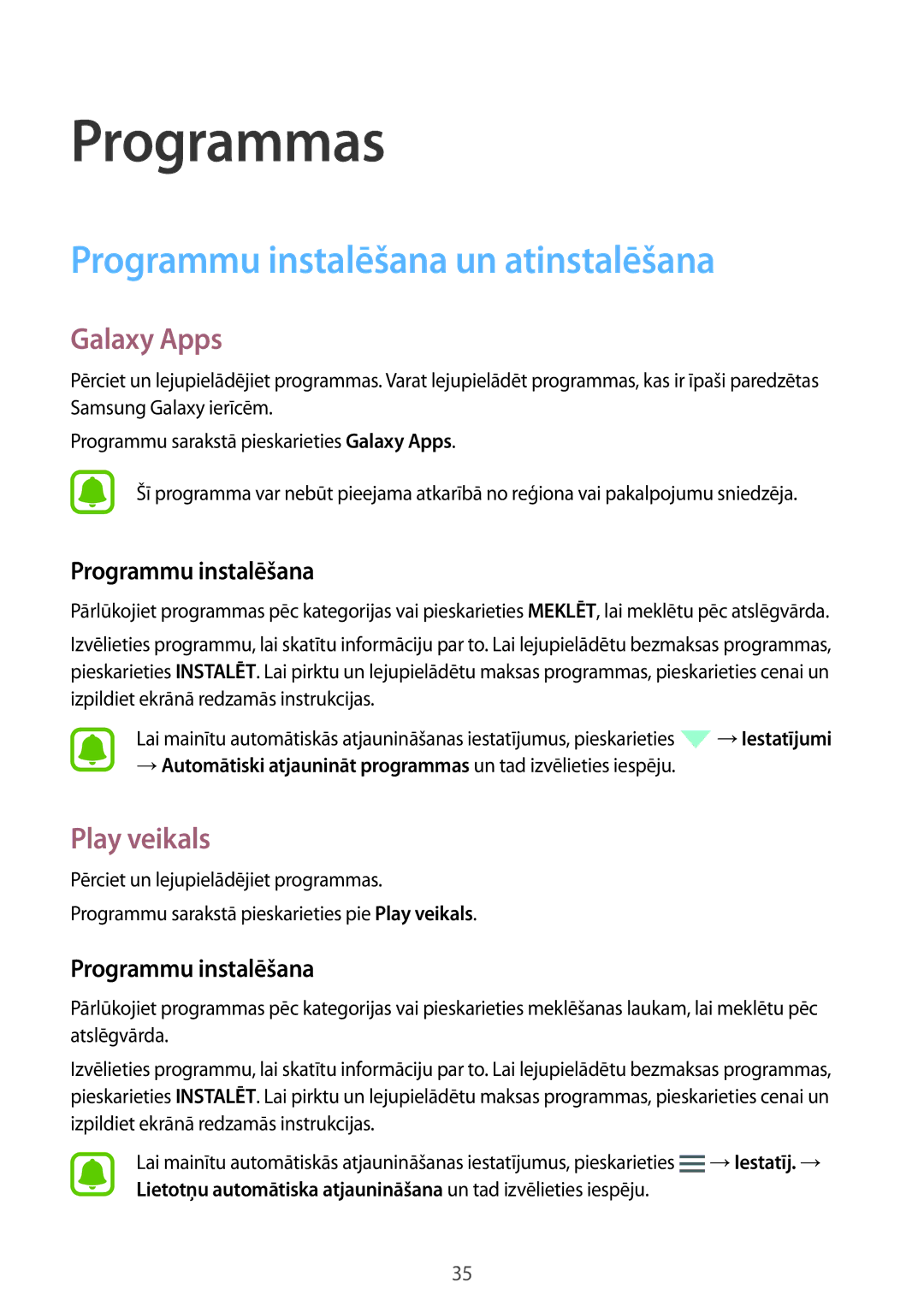Samsung SM-J320FZKNSEB, SM-J320FZDNSEB manual Programmu instalēšana un atinstalēšana, Galaxy Apps, Play veikals 