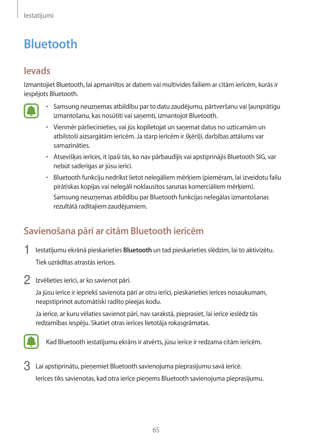 Samsung SM-J320FZKNSEB, SM-J320FZDNSEB manual Savienošana pārī ar citām Bluetooth ierīcēm 