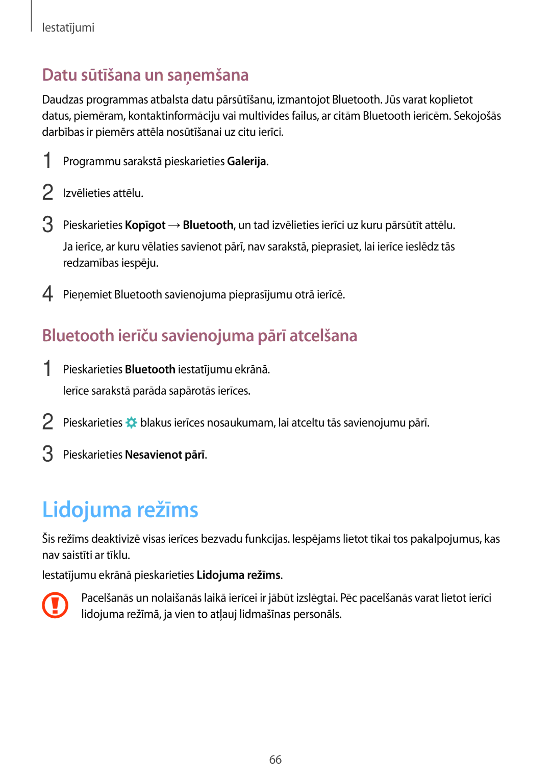 Samsung SM-J320FZDNSEB manual Lidojuma režīms, Datu sūtīšana un saņemšana, Bluetooth ierīču savienojuma pārī atcelšana 