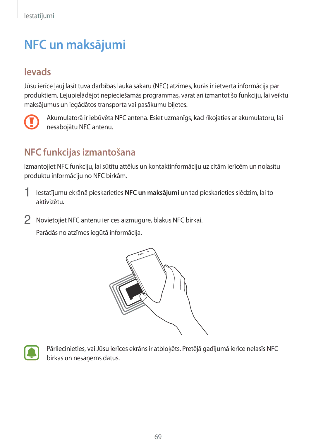 Samsung SM-J320FZKNSEB, SM-J320FZDNSEB manual NFC un maksājumi, NFC funkcijas izmantošana 