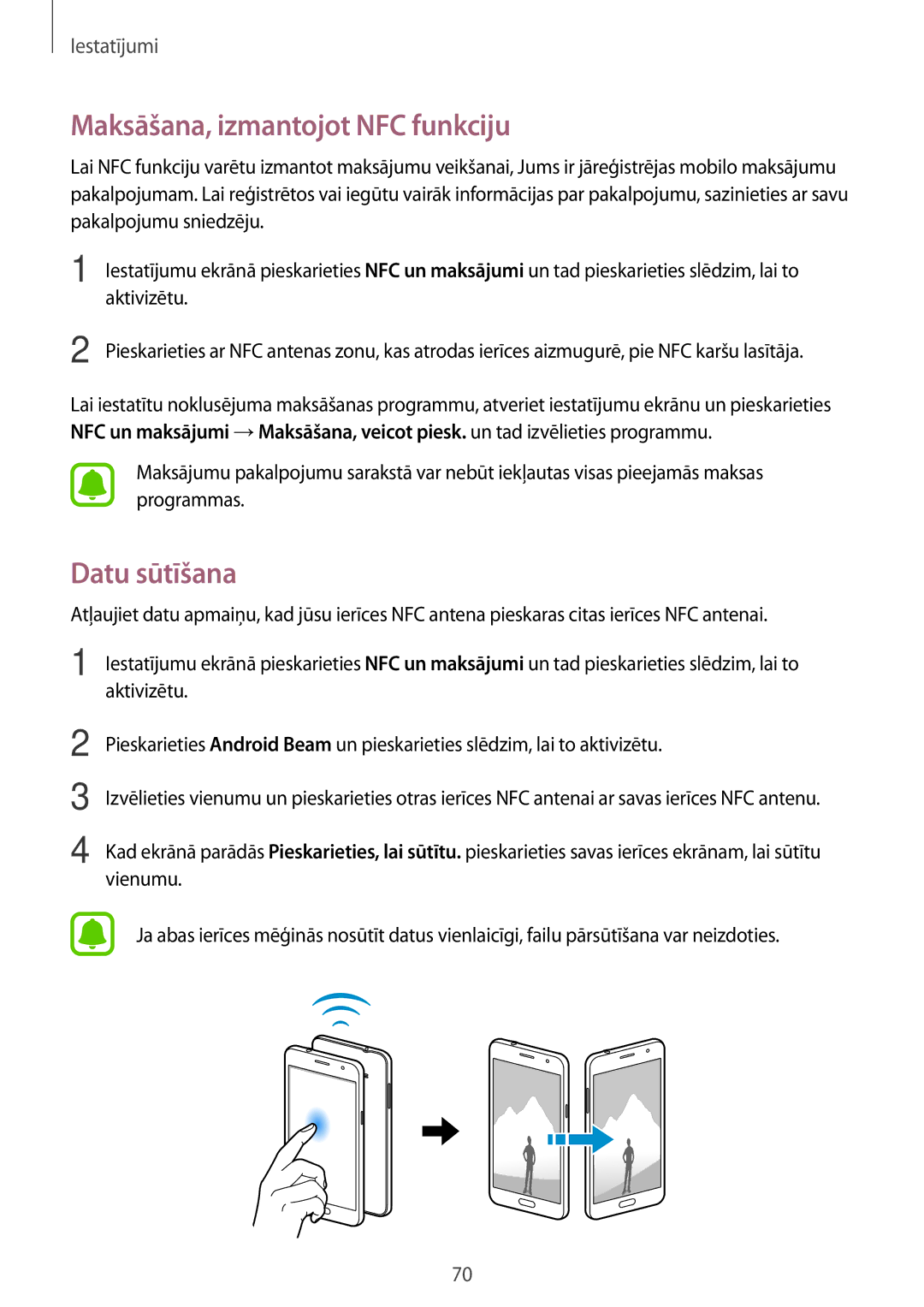 Samsung SM-J320FZDNSEB, SM-J320FZKNSEB manual Maksāšana, izmantojot NFC funkciju, Datu sūtīšana 