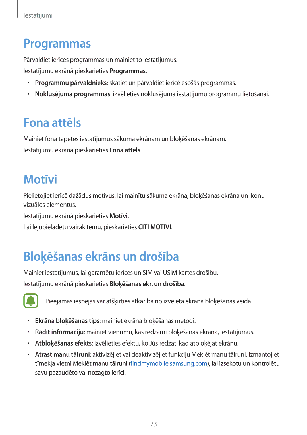 Samsung SM-J320FZKNSEB, SM-J320FZDNSEB manual Programmas, Fona attēls, Motīvi, Bloķēšanas ekrāns un drošība 